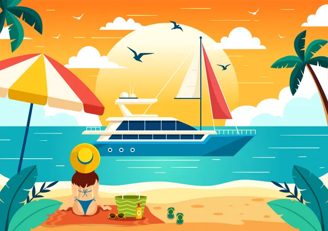 Yachts Vector Illustration With Ferries Cargo Boats And Ship Sailboat Of Water Transport At The Beach In Sunset Flat Cartoon Background Illustration