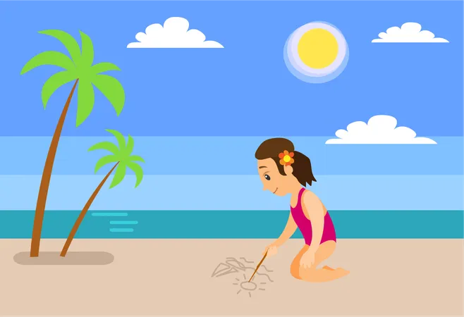 Summer Beach Girl Drawing Sailboat On Sand With Stick Palms And Sea Vector Child At Seaside Holidays Or Vacation Kid And Outdoor Activity Ocean Coast Illustration