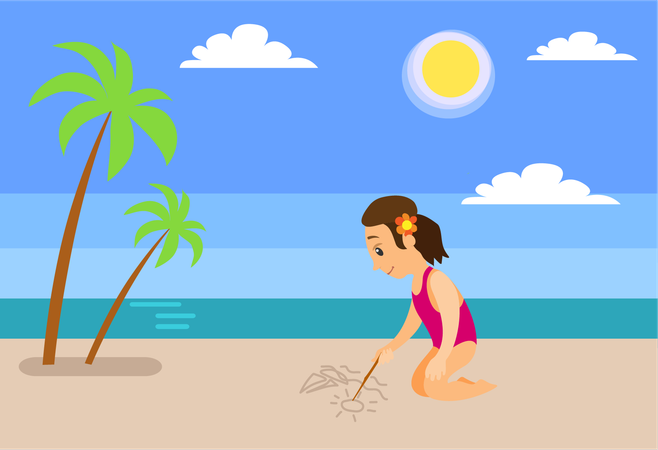 Girl at beach drawing on sand near sea  Illustration