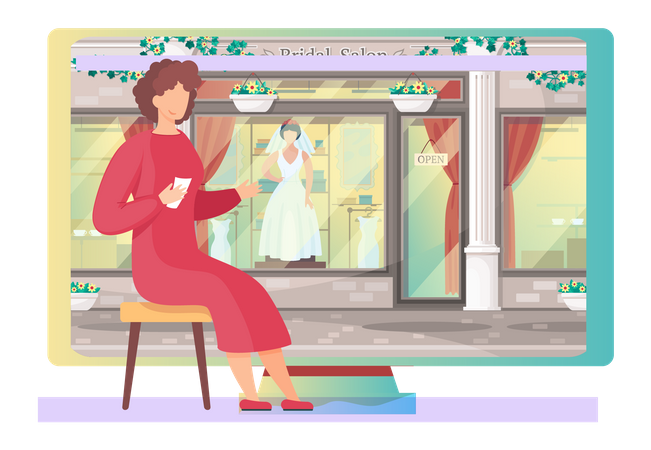 Girl at bridal salon storefront Illustration