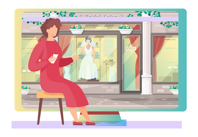 Girl at bridal salon storefront  Illustration