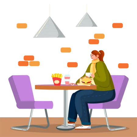 Girl at cafe for enjoying food  Illustration