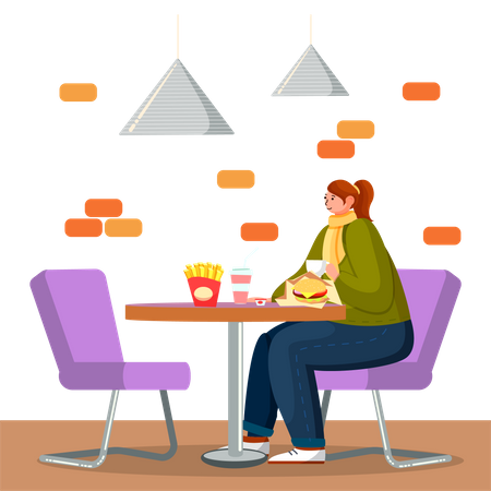 Girl at cafe for enjoying food  Illustration
