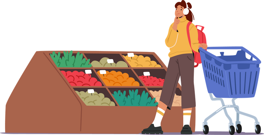 GIrl at grocery store thinking about what to buy Illustration