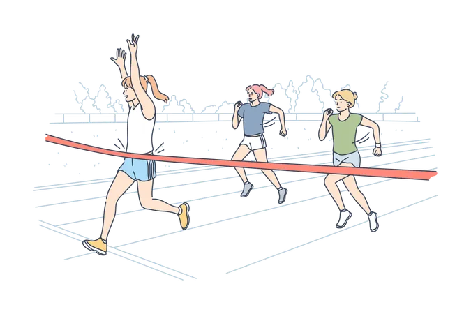 Triumph Sport Victory Success Competition Concept Young Happy Excited Smiling Woman Girl Athlete Runner Crosses Finish Red Line With Ribbon First And Winning Race Goal Achievement Illustration Illustration