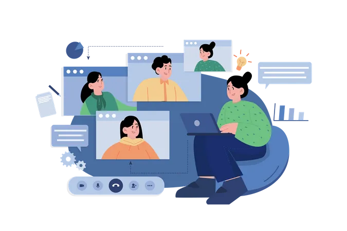 Girl attending online lecture with classmates  Illustration
