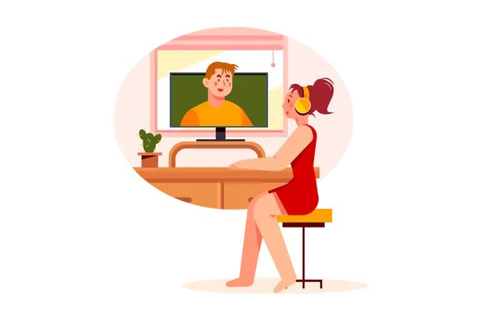 Girl attending video lecture  Illustration