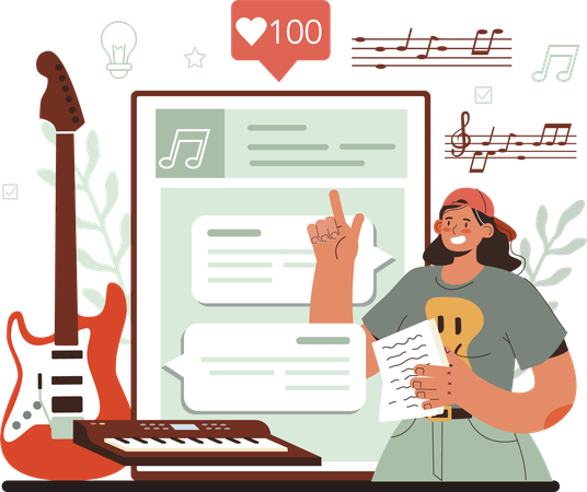 Girl attends online music class  イラスト