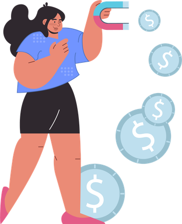 Girl attracting money using magnet  Illustration