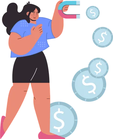 Girl attracting money using magnet  Illustration