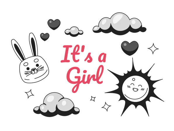 Girl Baby Shower Monochrome Greeting Card Vector Sunshine Cloudscape Black And White Illustration Greetingcard Cute Bunny Daydreaming Sky 2 D Outline Cartoon Ecard Special Occasion Postcard Image Illustration