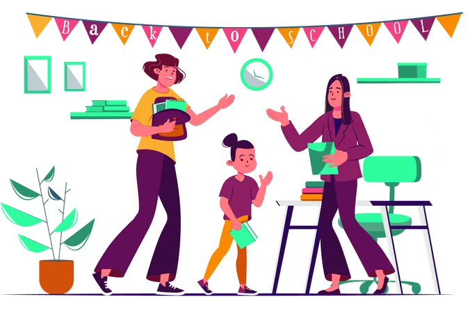 Back To School Concept With People Scene In The Flat Cartoon Design The Girl Back To School To Her Teacher After Holidays Vector Illustration Illustration
