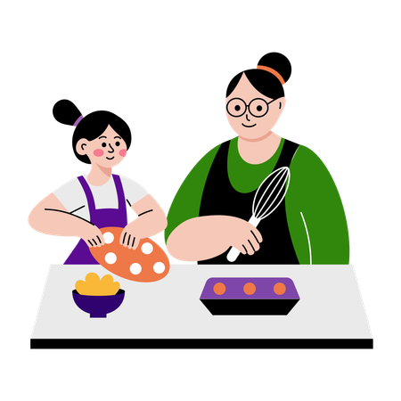 Girl baking cake with mother  Illustration