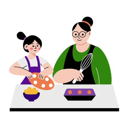 Girl baking cake with mother  Illustration