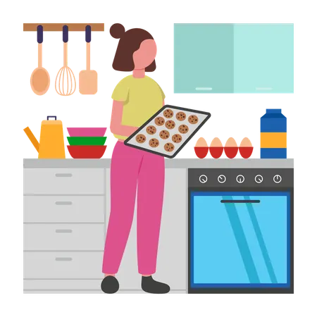 Girl baking cookies at home  Illustration