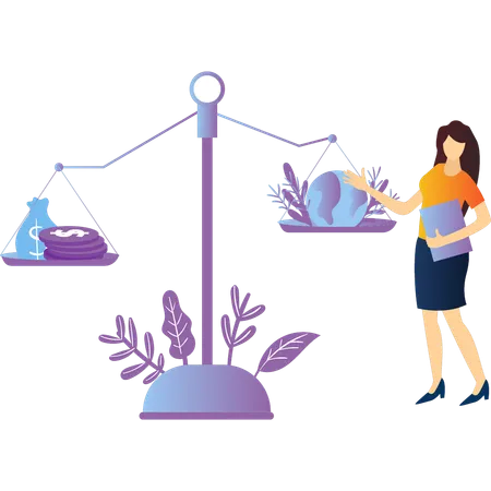 Girl balancing money and scale of world  Illustration