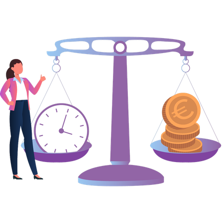 Girl balancing  time and money  Illustration