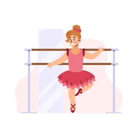 Girl ballerina wearing pink tutu and pointe dance in ballet class.  Illustration