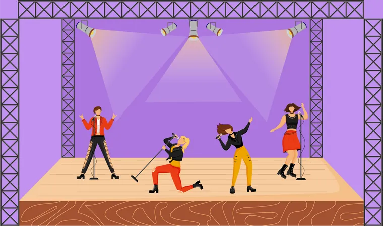 Girl Band Flat Vector Illustration Rock Music Group With Female Members Performing At Concert Musicians Playing Together On Stage Live Musical Performance Festival Cartoon Characters Illustration
