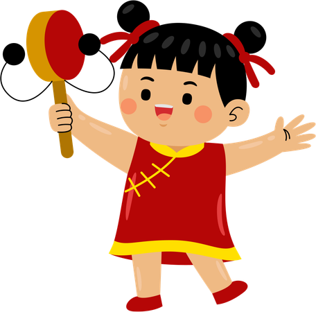 Girl banging chinese drum  Illustration