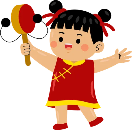 Girl banging chinese drum  Illustration