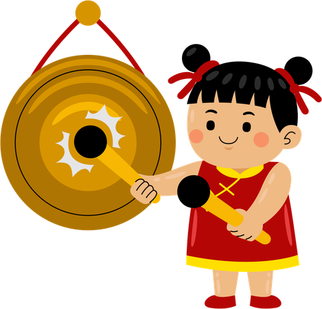 Girl banging chinese gong  Illustration