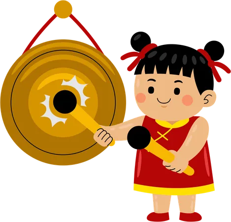 Girl banging chinese gong  Illustration