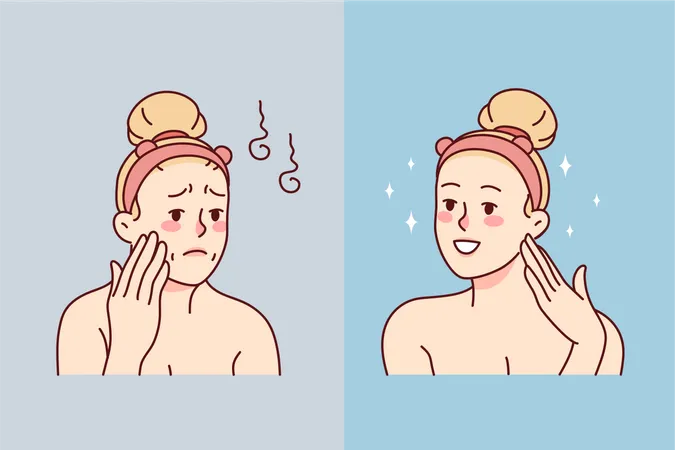 Girl before shower vs after shower  イラスト
