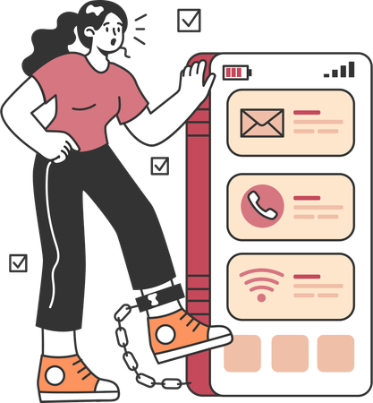Girl being chained to mobile  Illustration