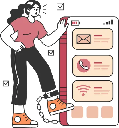 Girl being chained to mobile  Illustration