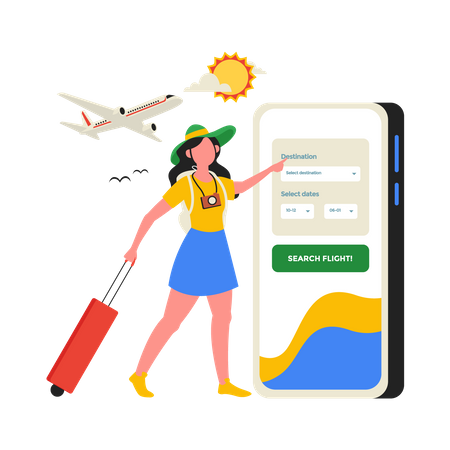 Girl book Travel reservation on mobile  Illustration