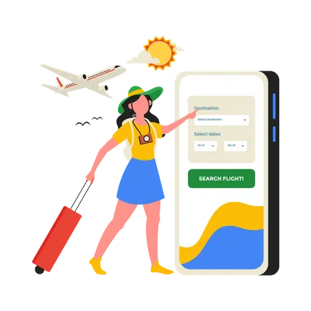 Girl book Travel reservation on mobile  Illustration