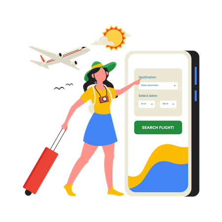 Girl book Travel reservation on mobile  イラスト