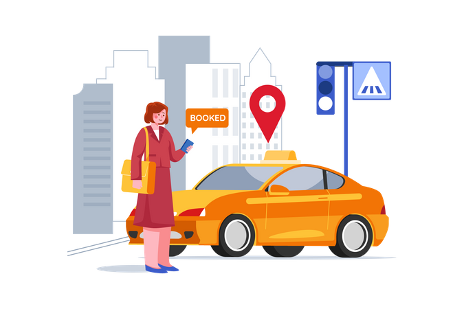 Girl Booked Online Taxi From App Illustration
