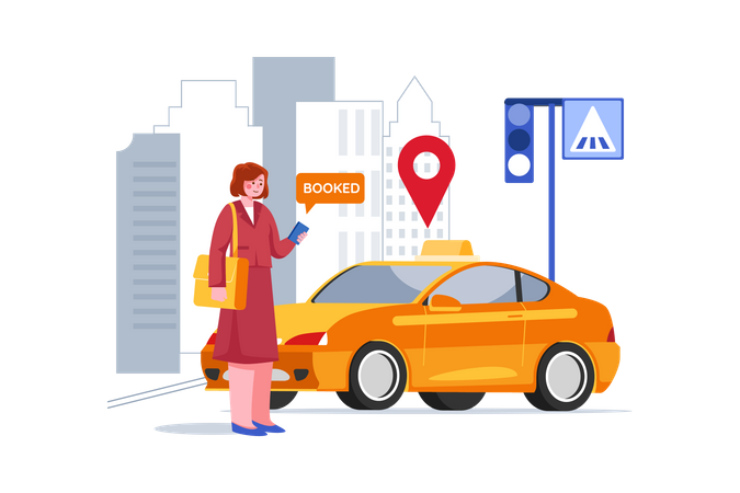 Girl Booked Online Taxi From App  Illustration