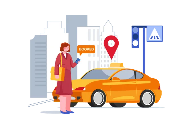 Girl Booked Online Taxi From App  Illustration