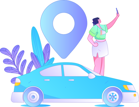 Girl booking cab while tracking cab using mobile  Illustration