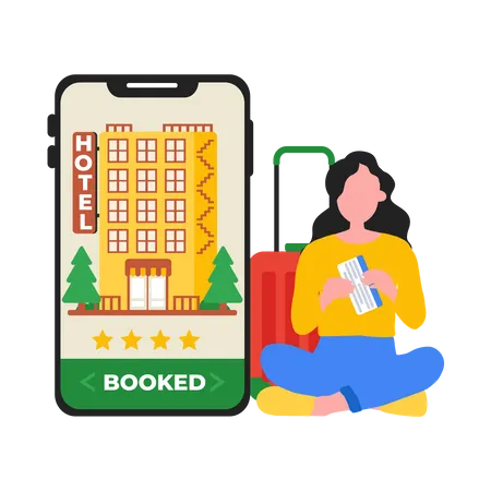 Girl booking hotel online  イラスト