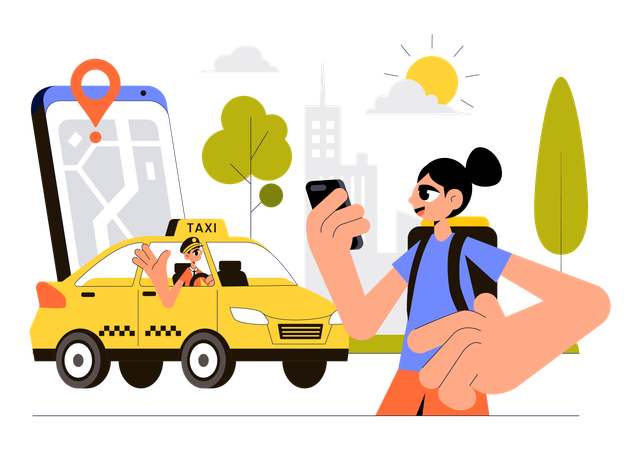 Girl booking online taxi using mobile  Illustration