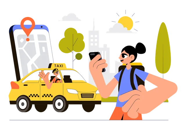 Girl booking online taxi using mobile  Illustration