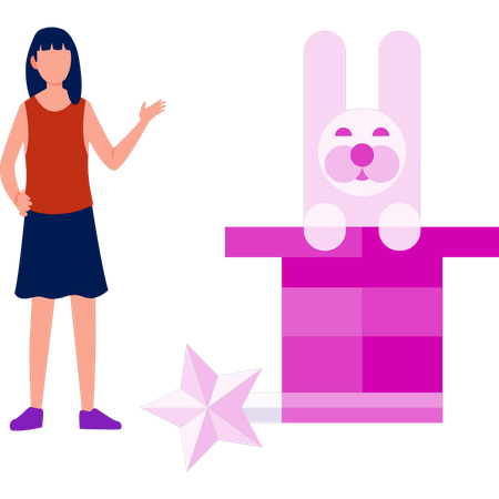 Girl brings star and rabbit from the hat  Illustration