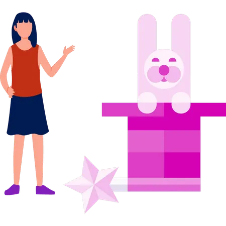 Girl brings star and rabbit from the hat  Illustration