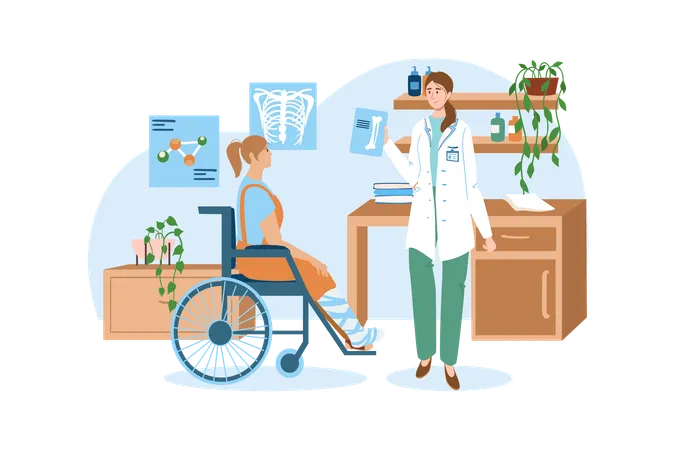 Medical Office Blue Concept With People Scene In The Flat Cartoon Design Girl Broke Her Leg And Had To Be Taken From The Doctor In A Cart Vector Illustration Illustration