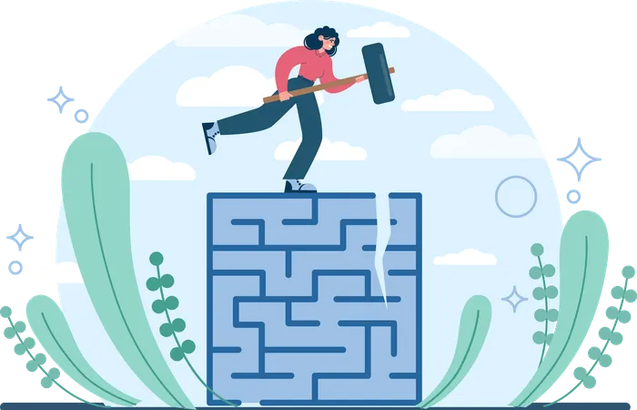 Girl broken way of maze game from hammer  Illustration