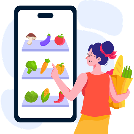 Girl browsing groceries on mobile app  일러스트레이션