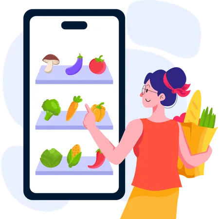 Girl browsing groceries on mobile app  Illustration