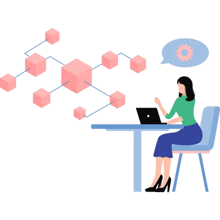 Girl building  blockchain  Illustration