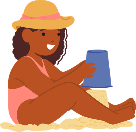 Girl Building Sand Castle On Beach  Illustration