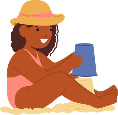 Girl Building Sand Castle On Beach  Illustration