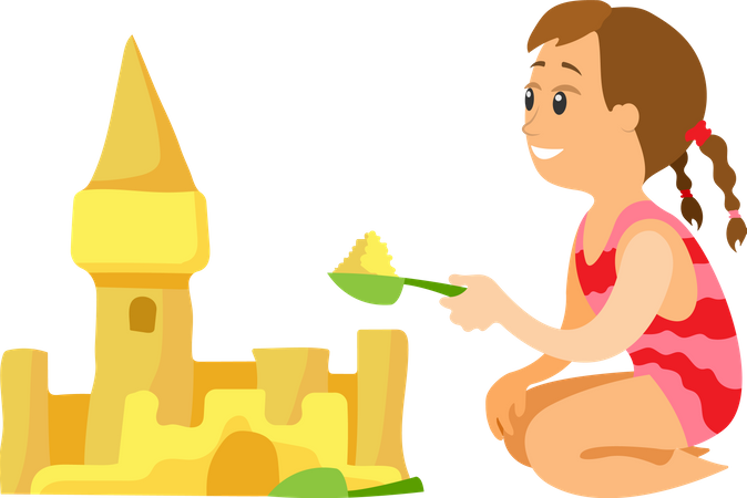 Girl Building Sand Castle with Scoop  Illustration